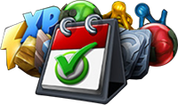 Icon of a calendar page with a checkmark with various game items behind it