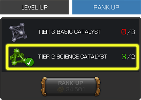 A screenshot of the in-game rank-up screen showing that the required class catalysts have been received.