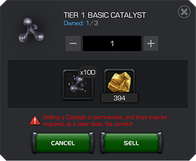 An in-game window displaying a tier one catalyst being sold for fragments and Gold.