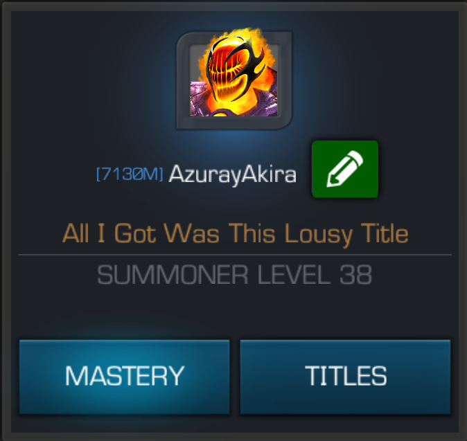 A screenshot of the Summoner profile menu, displaying their current title, Summoner level, as well as the mastery and title buttons.