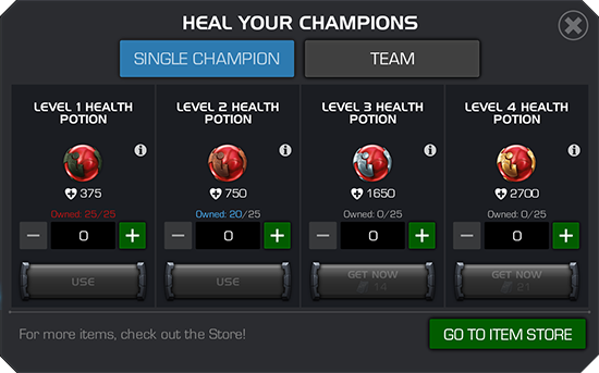 A screenshot of the menu that appears when choosing potions to heal your Champions.