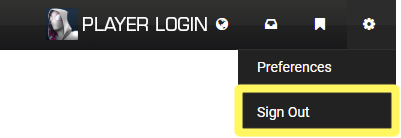 Player Login page with the Sign Out highlighted