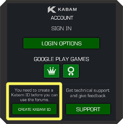 Screenshot of Kabam Account Sign In window with the Create Kabam ID button highlighted