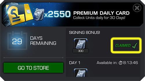 Screenshot of Premium Daily Card claim screen with the Claimed message highlighted