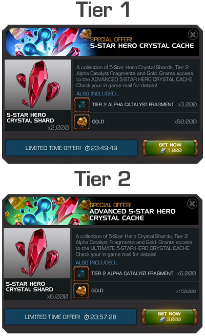 Screenshot of Tiered Offers example showing a 5-Star Hero Crystal Cache offer for tier 1 and an Advanced 5-Start Hero Crystal Cache offer for tier 2.