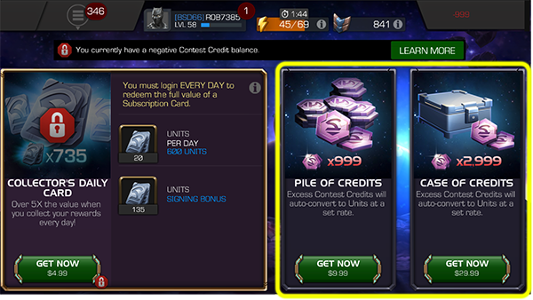 Screenshot of the store containing a Pile of Credits and a Case of Credits