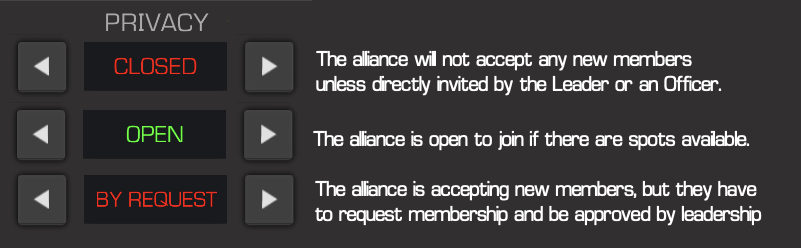 An image with the three alliance privacy settings and their definitions