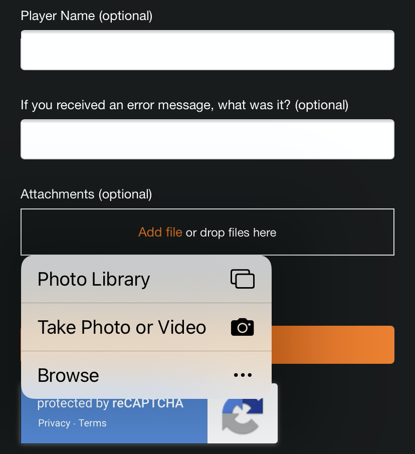Screenshot of adding a screenshot to a support case