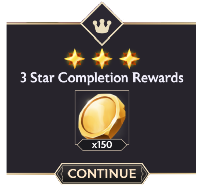 An image of the completion rewards screen with 150 Gold awarded for earning three quest stars