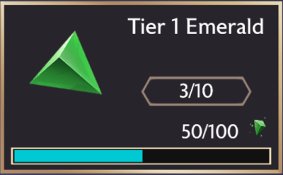 Screenshot of the Upgrade Gem window displaying Tier 1 Emerald Gem Shards' progress to a full gem