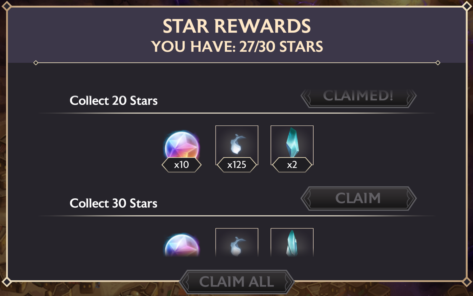 A screenshot of the star rewards pop up