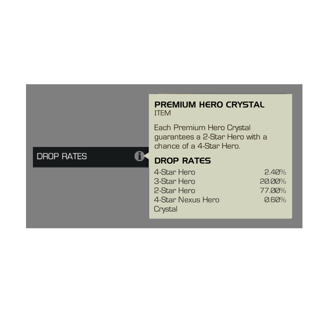 An image showing the drop rates of a Premium Hero Crystal
