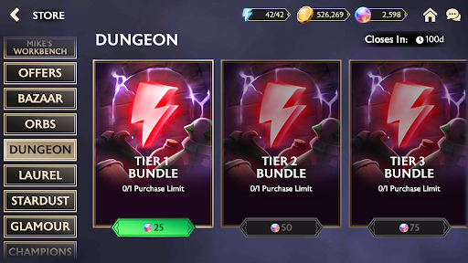 A screenshot of the Dungeon store as it appears on the Store screen.