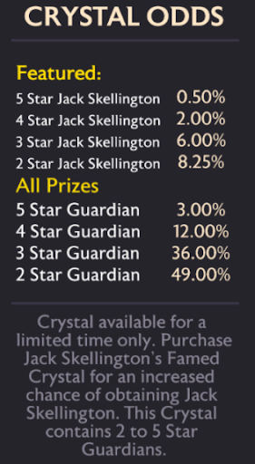 A screenshot of the crystal odds as they appear when purchasing a Famed crystal.