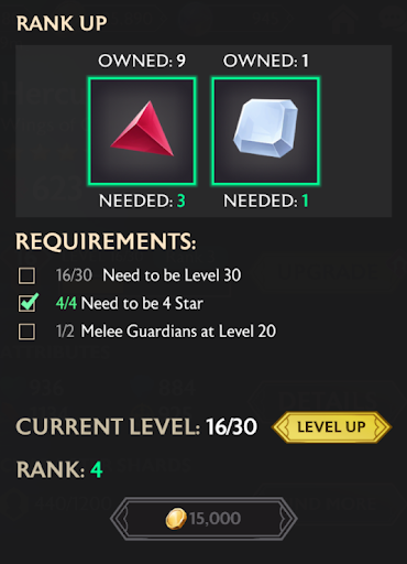 A screenshot of the rank up panel when accessed from the Guardian screen