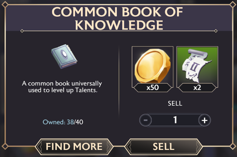 A screenshot of the pop up for selling a Common Book of Knowledge from the inventory.