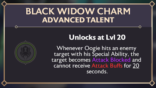 A screenshot of the Black Widow Charm talent and its effects.