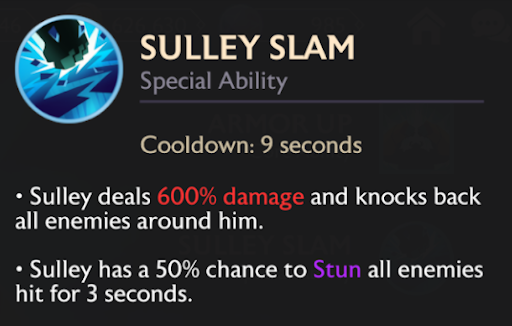 A screenshot of the Sulley Slam special ability and its effects.