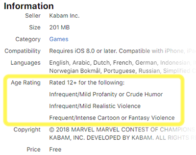 Screenshot of App Store information with the Age Rating section highlighted