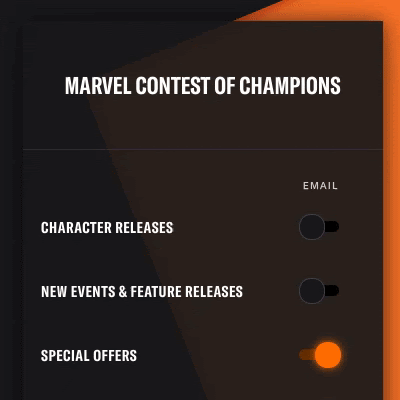 Animated screenshot showing the Marvel Contest of Champions mailing preferences
  and the associated toggle buttons for different types of promotional emails