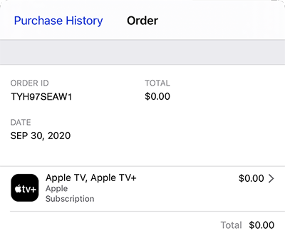 Screenshot of an iTunes Order including order ID, date, and total]