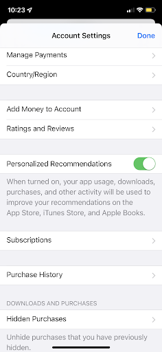 Screenshot of the Account Settings page showing the Purchase History bar