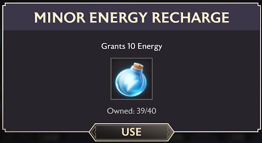 A screenshot of the pop-up for Minor Energy Recharges in the inventory.