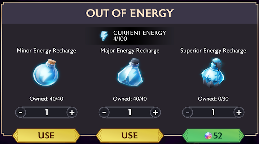 A screenshot of the Out of Energy pop-up, with energy recharges displayed.