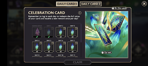 Screenshot showing one of two active 14-day daily cards with the signing bonus and day one claimed and 13 unclaimed days remaining. The timer indicates that the next claim will be available in nine hours and 21 minutes.