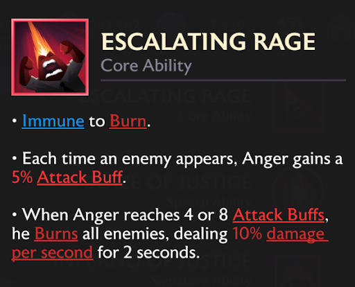 A screenshot of the Escalating Rage core ability and its effects.